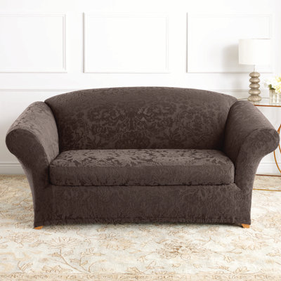 Stretch Jacquard Damask Loveseat Slipcover Upholstery Espresso