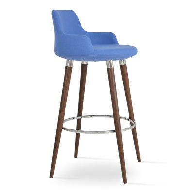 Dervish 24.5 inch Bar Stool Upholstery: Sky Blue Wool, Finish: American Walnut