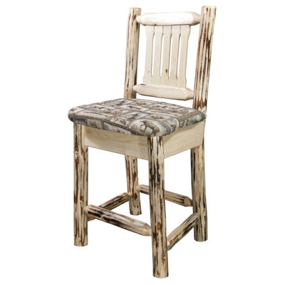 Montana 30 inch Bar Stool with Cushion Finish: Clear Lacquer Finish, Upholstery: Fabric - Wildlife