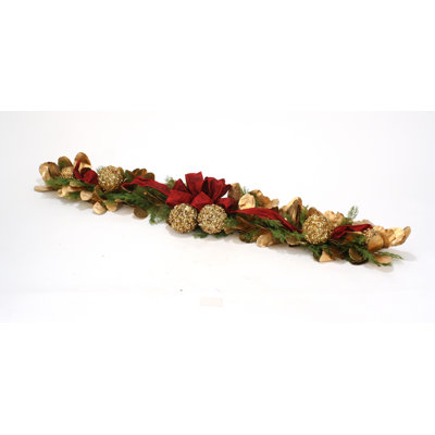Over The Top Sequined Laurel Leaf and Cedar Garland with Ribbon Ribbon Color: Red image