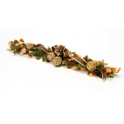 Over The Top Sequined Laurel Leaf and Cedar Garland with Ribbon Ribbon Color: Nutmeg and Gold Trimmed image