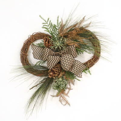 Chevron Ribbon Tied Pine Boughs Cedar and Copper Fern on Conjoined Nito Vine Wreaths image