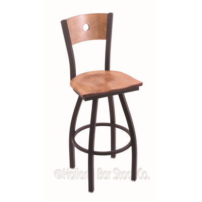 Voltaire 30 inch Swivel Bar Stool Base Finish: Black Wrinkle, Upholstery: Medium Maple