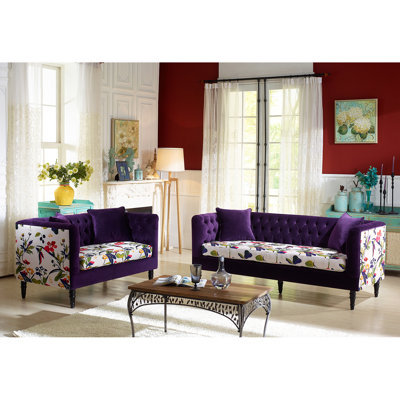 Wholesale Interiors TSF-8127 Purple Velvet/Calico 2PC Set Baxton Studio Freya 2 Piece Living Room Set