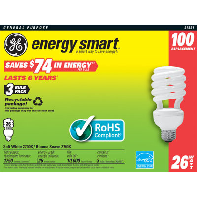 Soft White Spiral Compact Fluorescent Light Bulb (Pack of 3) Wattage: 26