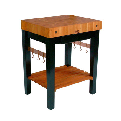 Rouge et Noir Prep Table with Butcher Block Top Size: 30 inch W x 30 inch D, Drawers: Not Included, Casters: Included