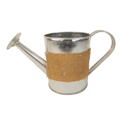 Tin Watering Can with Burlap Cover Size: 10" H x 4" W x 5.25" D Tin Watering Can with Burlap Cover Size: 10" H x 4" W x 5.25" D