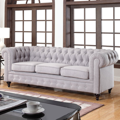 Madison Home USA EXP12-FB-3S-STONE Classic Tufted Linen Fabric Chesterfield Sofa