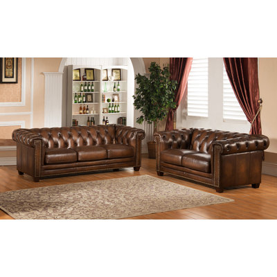 Amax Hickory-SL Hickory Chesterfield Genuine Leather Sofa and Loveseat Set