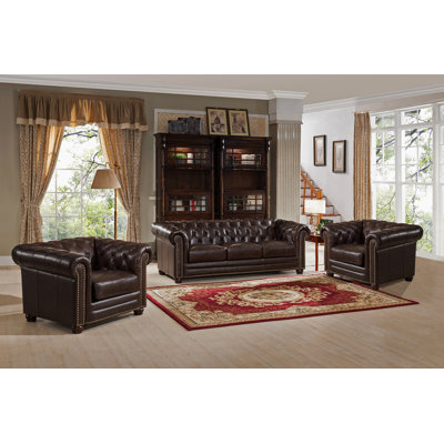 Amax Kensington-SCC Kensington Top Grain Leather Chesterfield Sofa and Two Chair Set