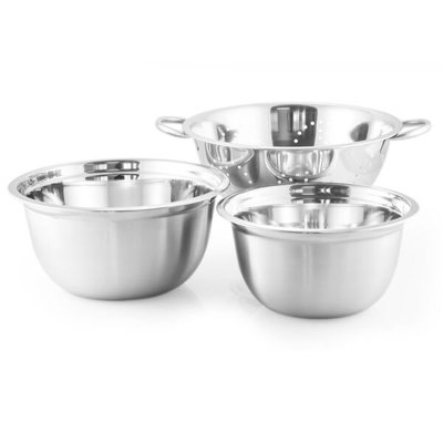 3 Piece Stainless Steel Bowl and Colander Set Size: 3QT Bowl, 5QT Bowl, and 5QT Colander