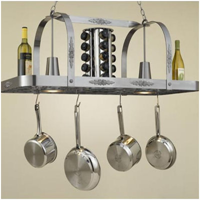 Monterey Rectangular Hanging Pot Rack with 2 Lights Accent Finish: None, Base Finish: Black Leather