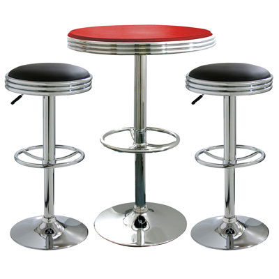 AmeriHome 3 Piece Adjustable Height Pub Table Set Color Black Stools Red Table