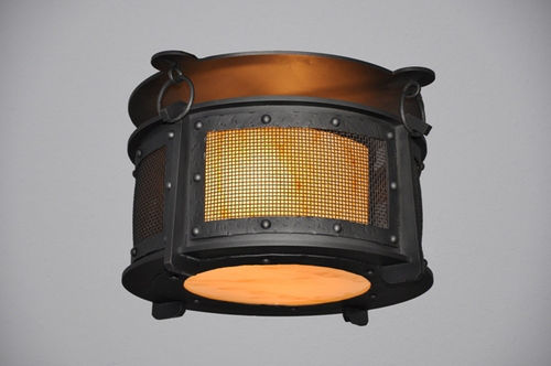 Rogue River 1-Light Harstene Mesh Flush Mount Finish: Old Iron, Shade Color: Amber Mica