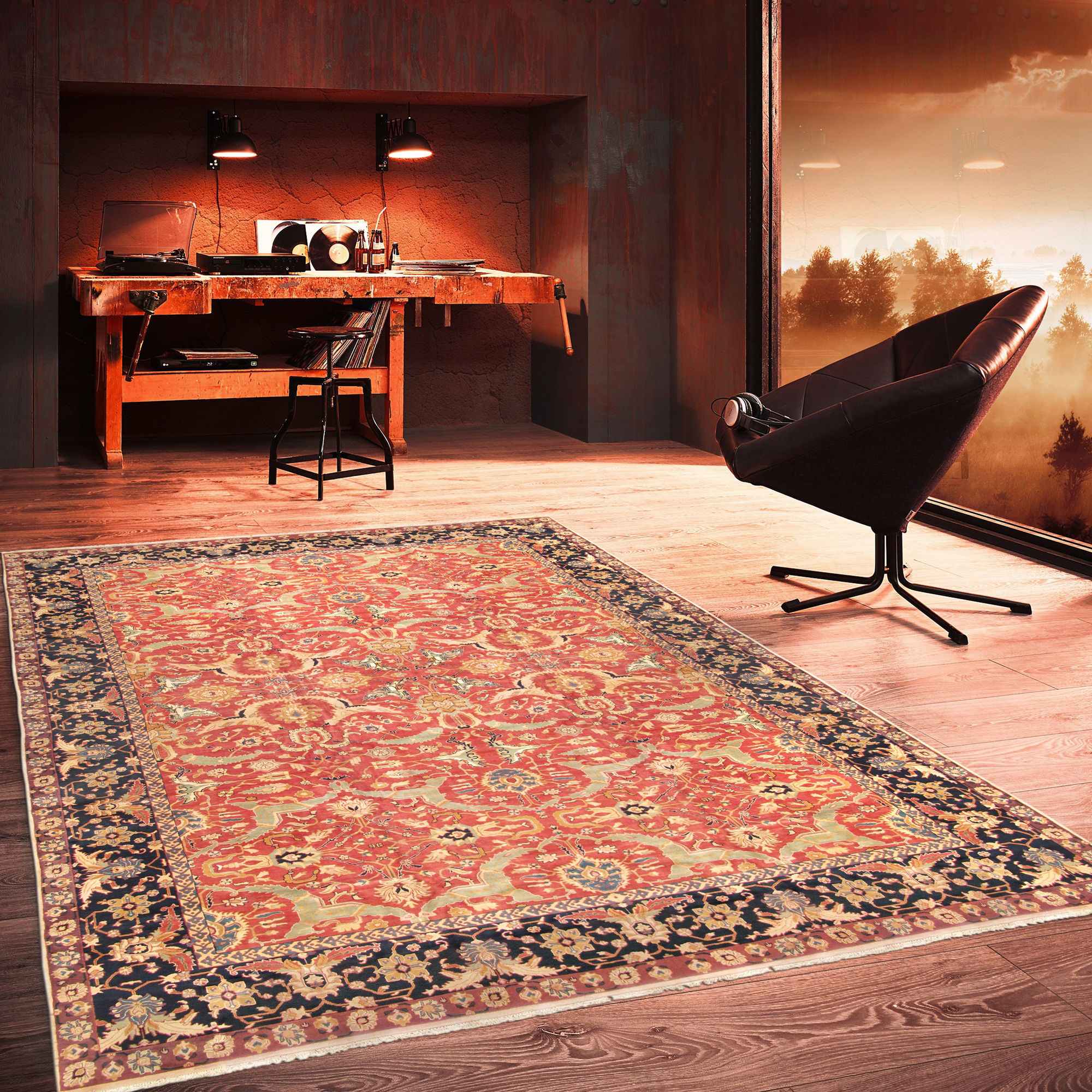 Agra Hand-Knotted Wool Rust/Navy Area Rug