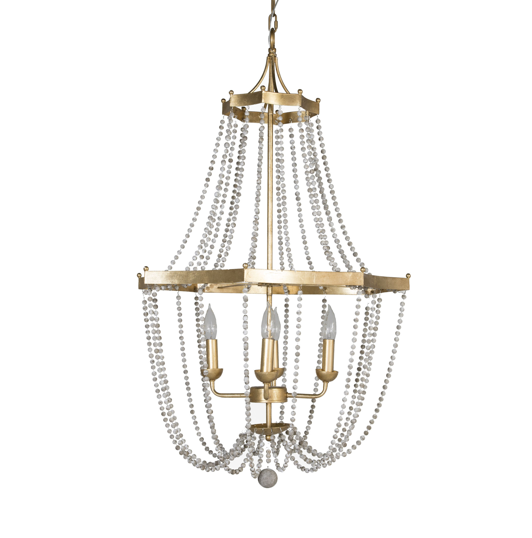 Chandeliers Whitney 4-Light Empire Chandelier The Whitney 4 Light Candle Chandelier is a medium sized empire chandelier with a shiny gold leaf finish and antiqued white painted round wooden beads. The chandelier offers a star shaped silhouette with top and bottom metal rings. Features: -Number of...