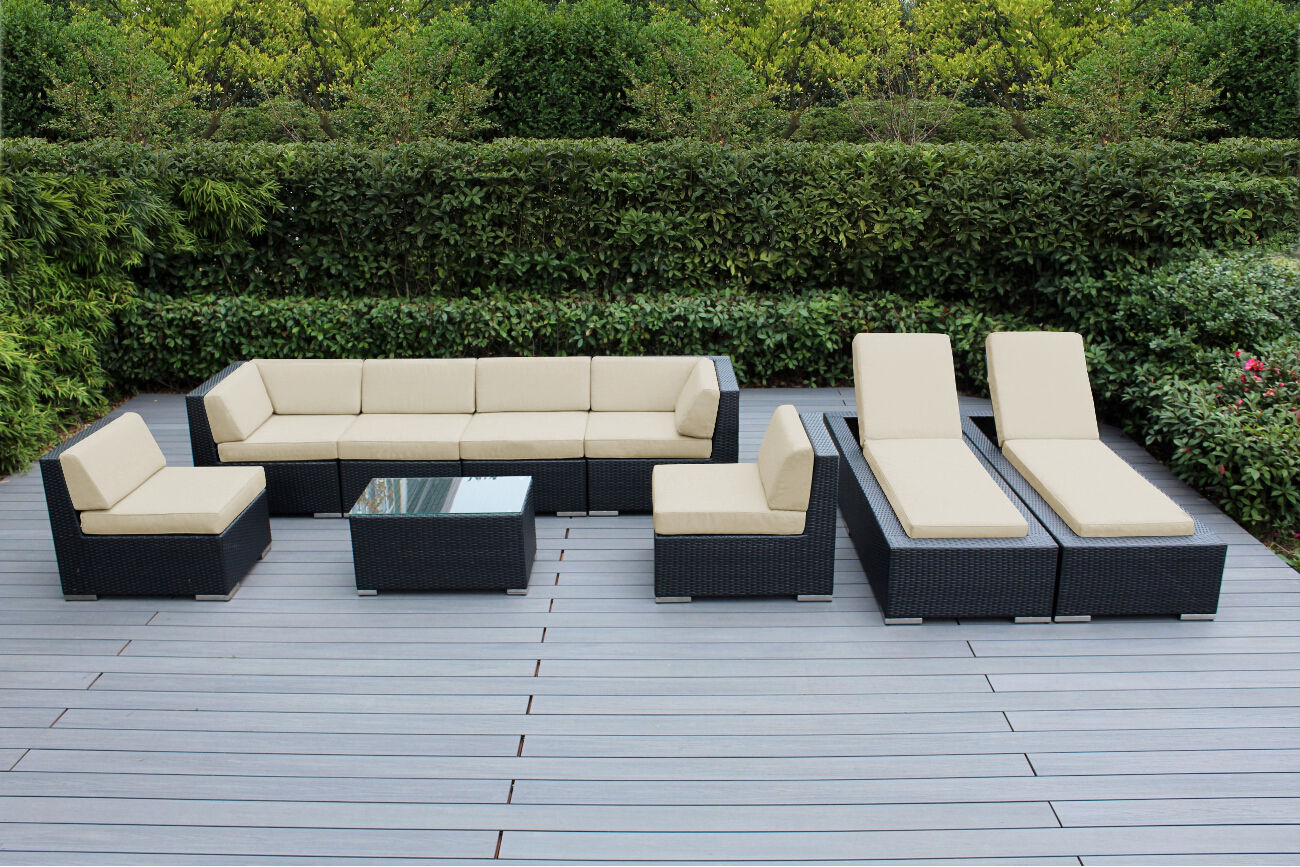 Outdoor Conversation Sets Ohana 9 Piece Sunbrella Sectional Set with Cushions Features: -Product Type: Sectional Seating Group.-Pieces Included: 2 corner chairs, 4 middle chairs, 1 coffee table and 2 chaise lounges.-Outer Frame Material: Wicker/Rattan -Outer Frame Material Details: .-Outer Frame Wood Species: .-Outer Frame Wood...
