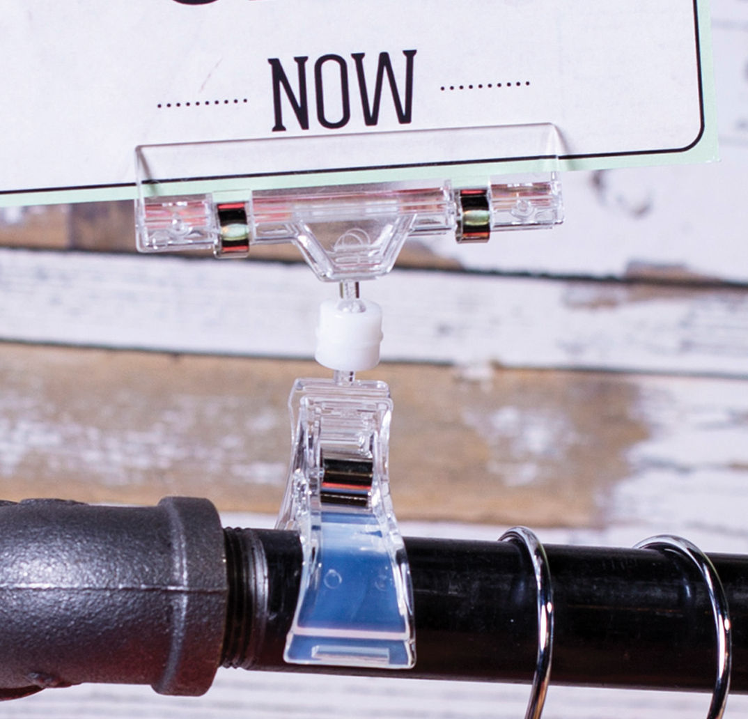 Signs & Sign Holders VersaGrip™ Spring Clip Sign Holder Features: -VersaGrip™ collection.-Color: Clear.-Anti-slip clip tilts on universal knuckle.-Accepts materials up to 0.25
