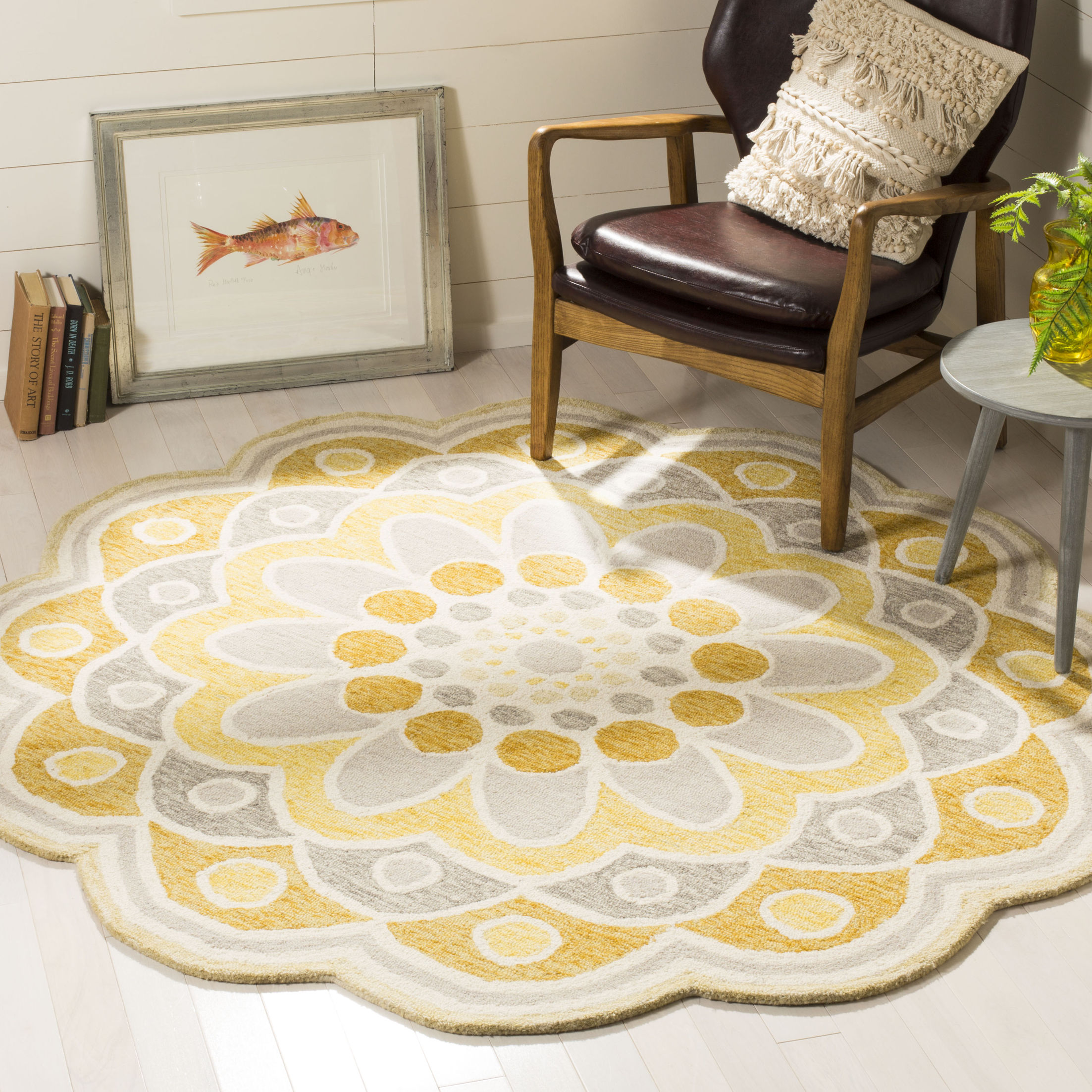 Area Rugs Beech Hand Hooked Wool Yellow Area Rug Features: -Wool pile.-Hand tufted.-Handmade.-Primary Color: Yellow.-Primary Pattern: Geometric.-Rug Shape: .-Construction: Handmade.-Material: Wool -Material Details: Wool pile..-Recycled Content: No -Total Recycled Content (Percentage): .-Post-Consum...