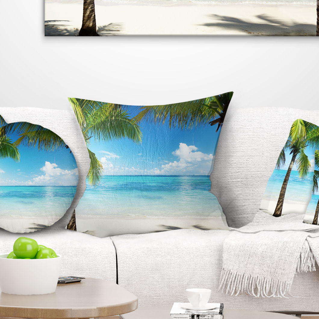 Accent Pillows Landscape Photography Palm Trees and Sea Pillow An easy, fun way to add a pop of color or bring new life to any room in your home or office is with this beautiful pillow. Dress up your bed, sofa or lounger with this decorative pillow. It adds a fun accent to any room. This pillow really does work w...