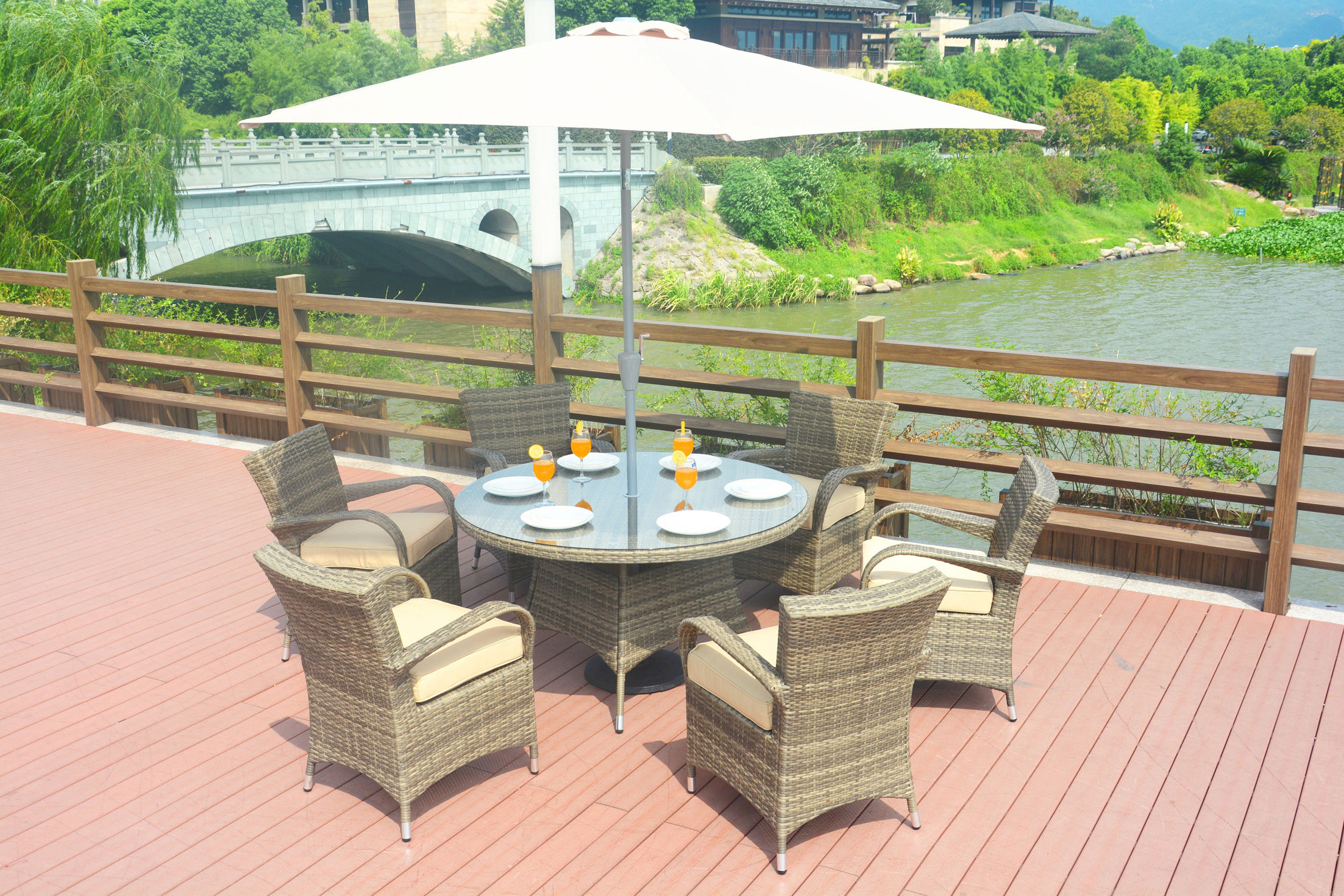 Anntonette 8 Piece Dining Set with Cushion and Umbrella Color: Natural