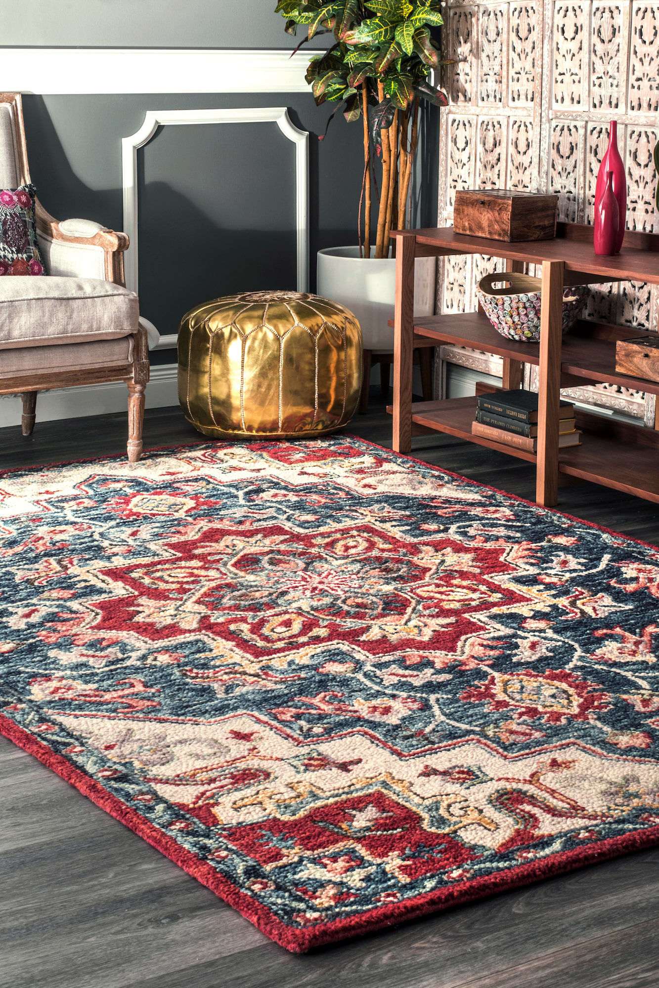 Area Rugs Graysen Hand Tufted Wool Red Area Rug Features: -Material: 100% Wool.-Origin: India.-Construction: Hand Tufted.-Primary Color: Red.-Primary Pattern: Oriental.-Rug Shape: Rectangle.-Construction: Handmade.-Technique: Tufted.-Material: Wool -Material Details: 100% Wool..-Backing Material: C...